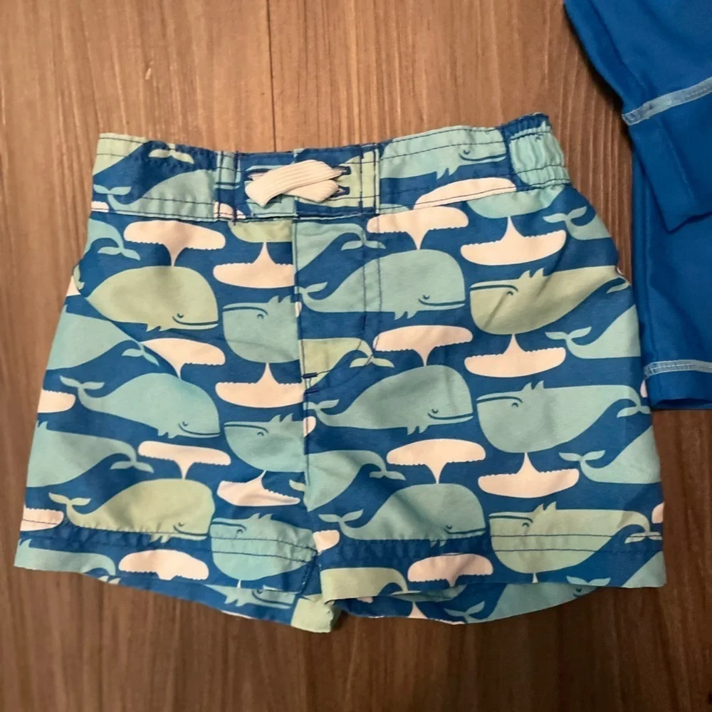 Boutique Baby Blue Whale Rashguard And Swim Trunks Set size 3/6M